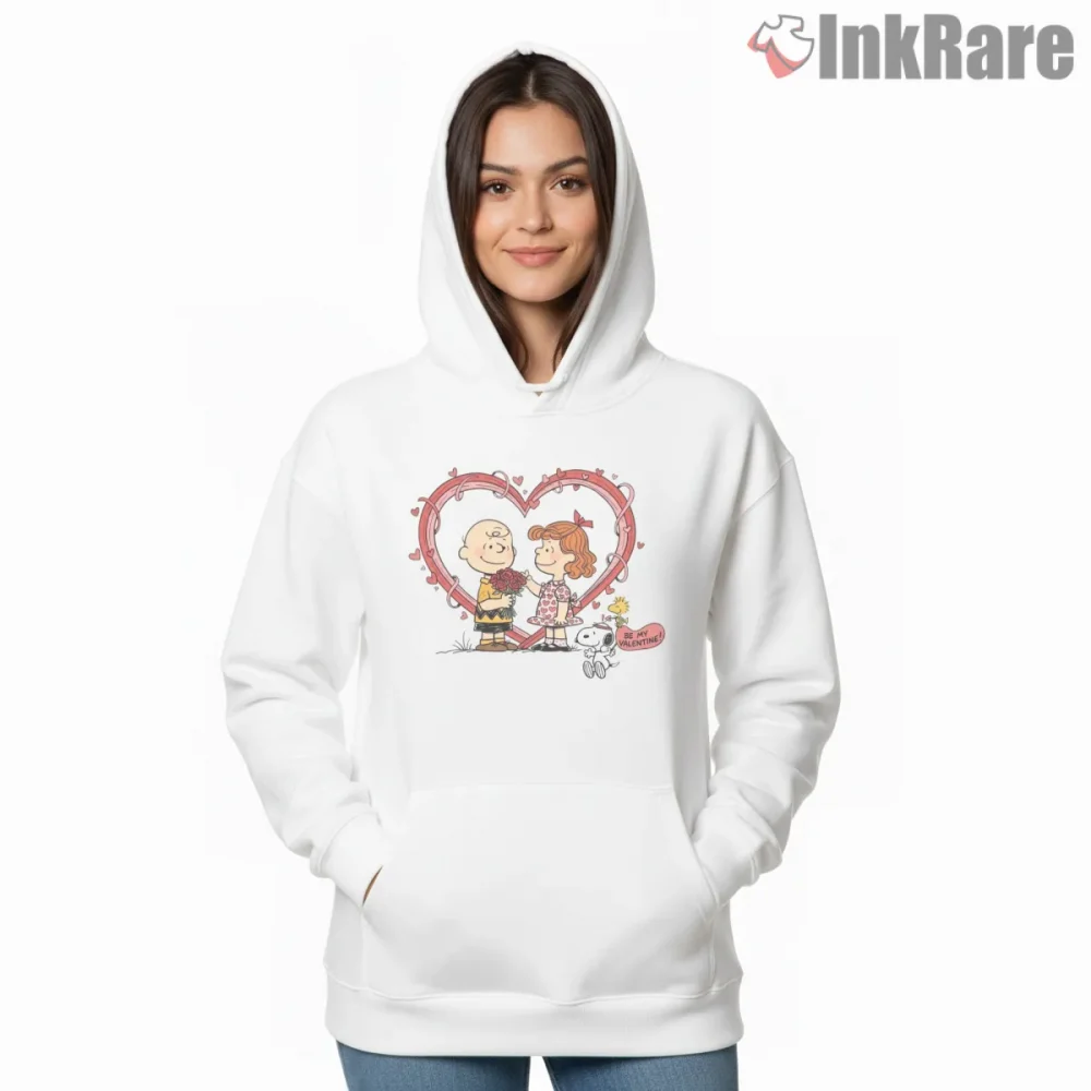 Charlie Brown Valentine Heart Scene Shirt on white hoodie for women graphic tee