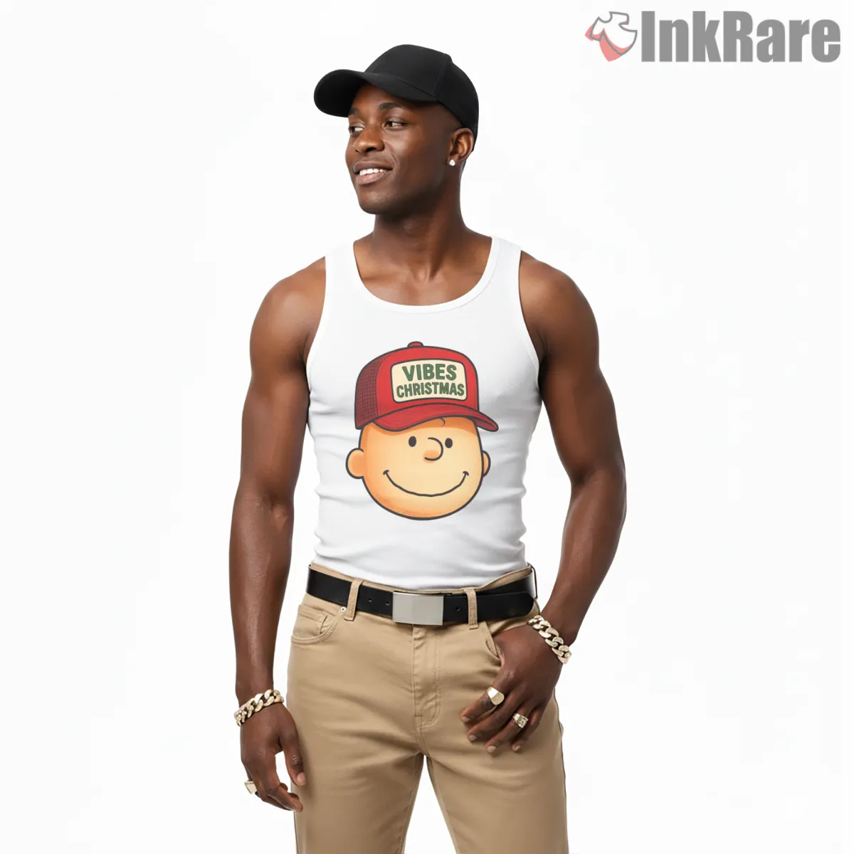 Charlie Brown Vibes Christmas Shirt on white tank top for men graphic tee
