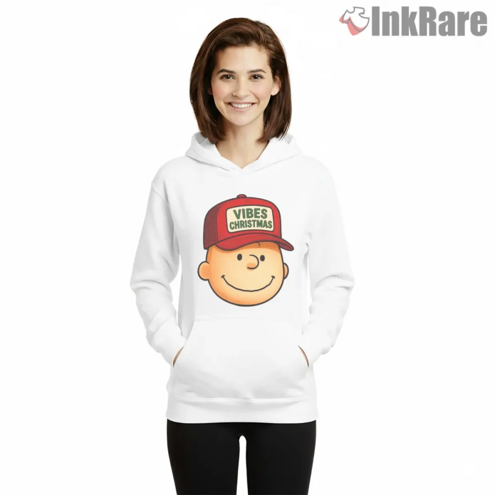 Charlie Brown Vibes Christmas Shirt on white hoodie for women graphic tee