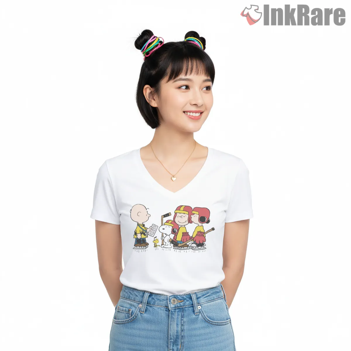 Charlie Brown Winter Hockey Squad Shirt on white v-neck shirt for women graphic tee