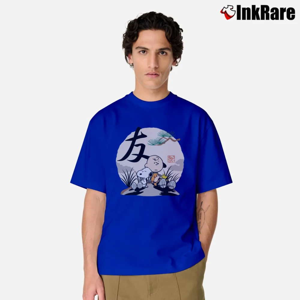 Men’s Charlie Brown Woodstock And Snoopy Friendship Japanesque Classic T-Shirt in royal blue | Soft, Breathable Everyday Wear