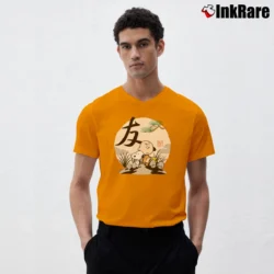 Men’s Charlie Brown Woodstock And Snoopy Friendship Japanesque V-Neck Tee in orange | Sharp, Breathable, Everyday Staple