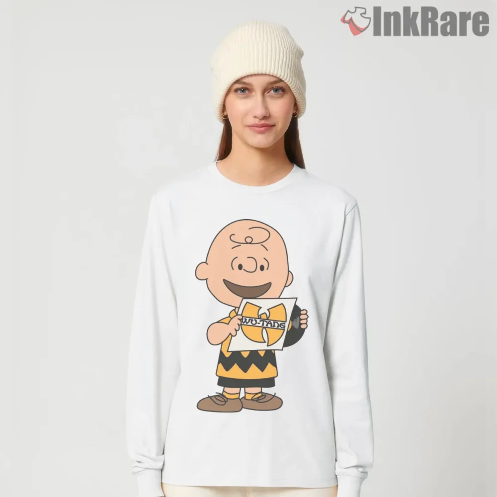 Charlie Brown Wu Tang Sign Holder Shirt on white long sleeve shirt for women graphic tee