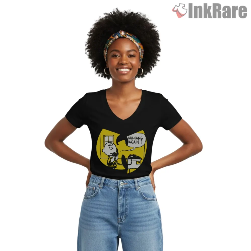 Charlie Inspired Wu Tang Again Cartoon Shirt on black v-neck shirt for women graphic tee