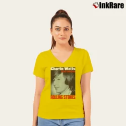 Women’s Charlie Watts Rolling Stones Drummer 90s Promotion for Fans V-Neck Tee in yellow | Chic Neckline, Soft Texture