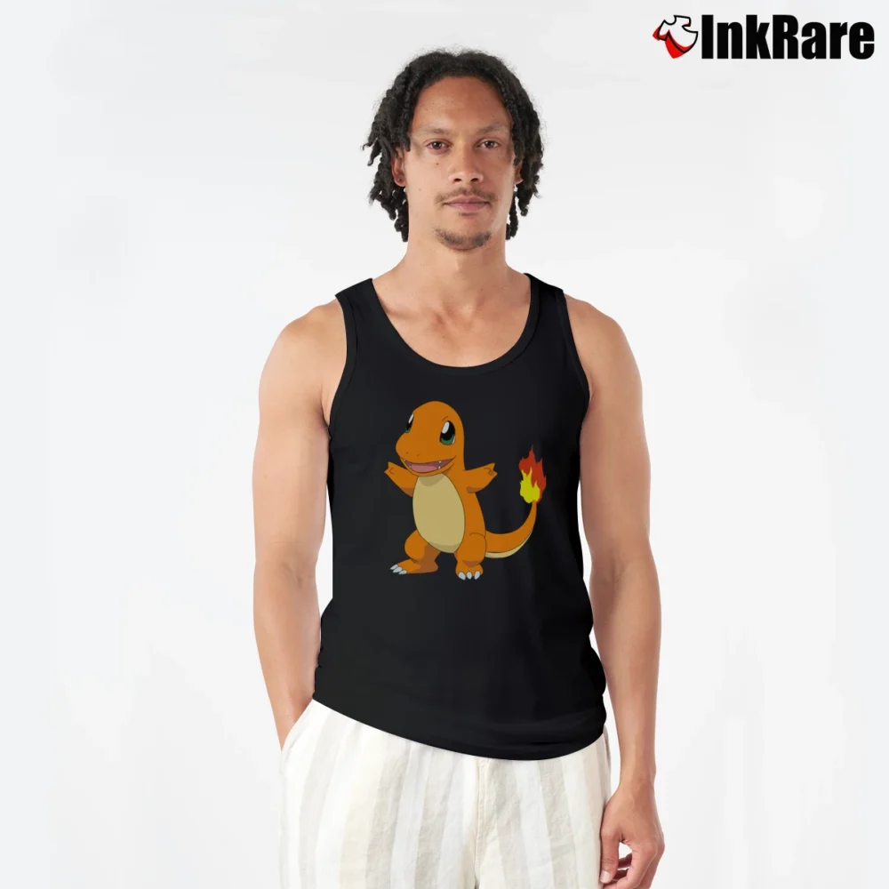 Men’s Charmander Design Pokemon Graphic Tank Top in black | Breathable, Active-Friendly Design