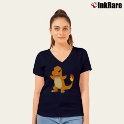 Women’s Charmander Design Pokemon Graphic V-Neck Tee in navy | Chic Neckline, Soft Texture