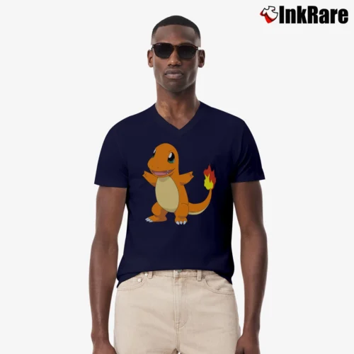 Men’s Charmander Design Pokemon Graphic V-Neck Tee in navy | Sharp, Breathable, Everyday Staple