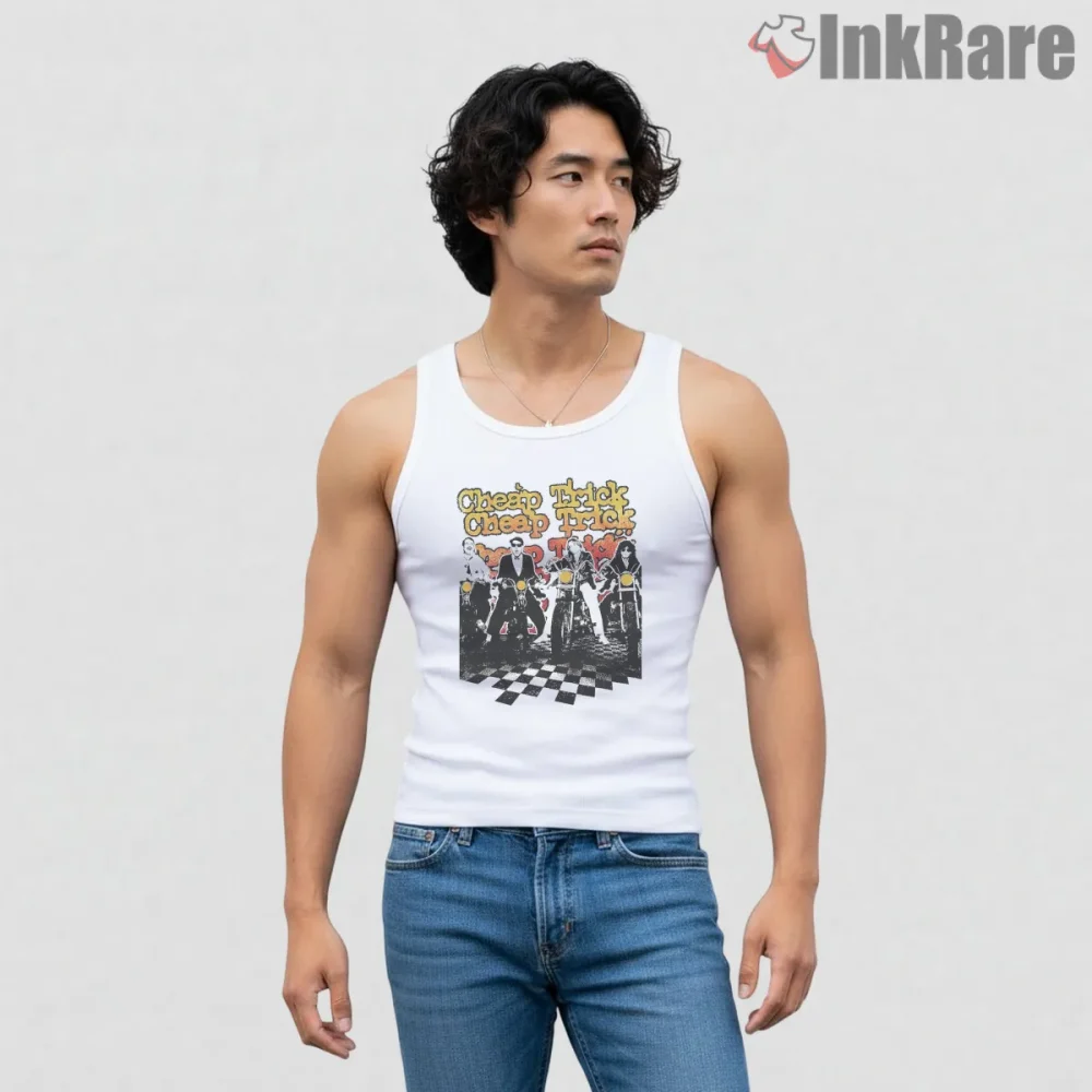Cheap Trick Checkerboard Stage Tour Shirt on white tank top for men graphic tee