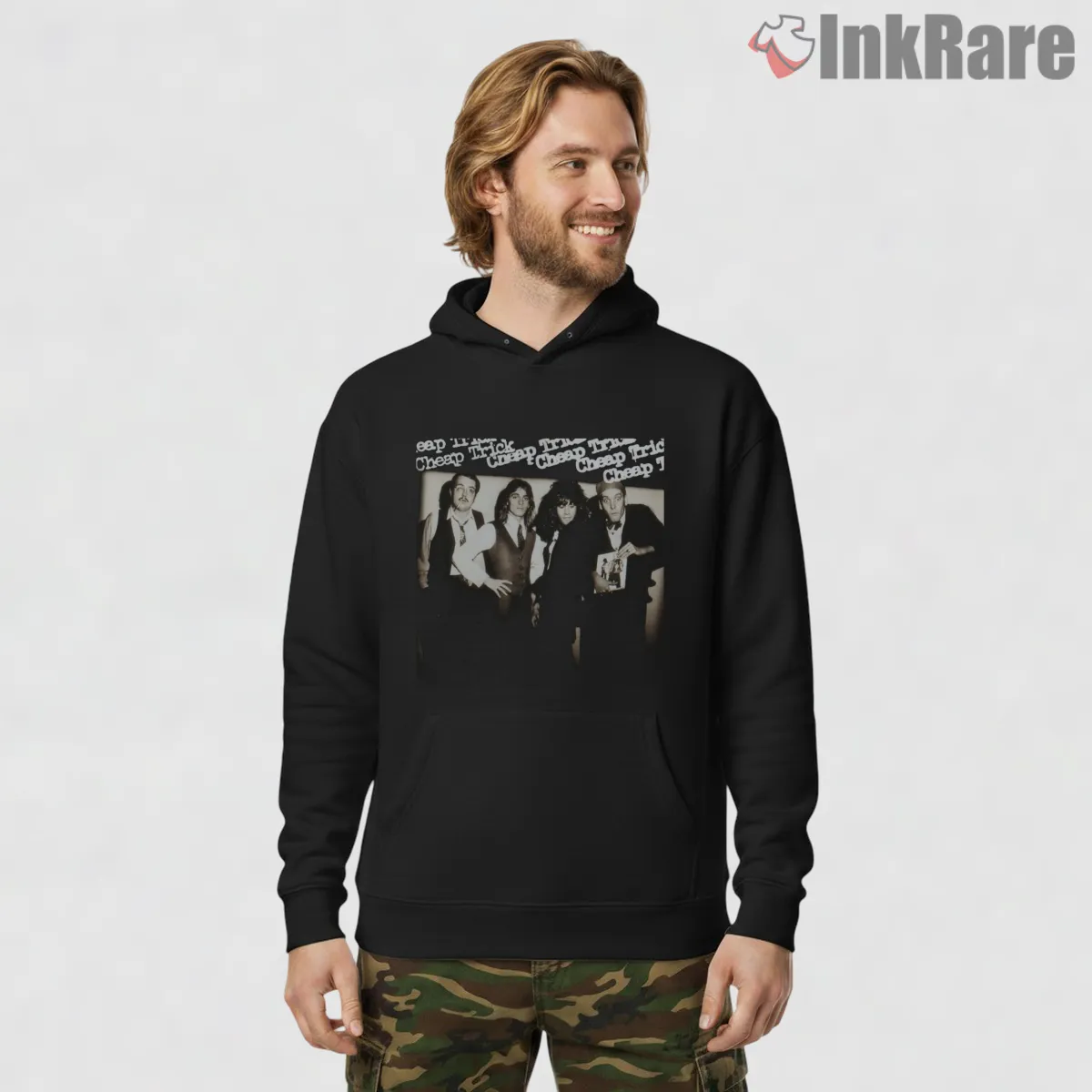Cheap Trick Classic Black And White Band Shirt on black hoodie for men graphic tee