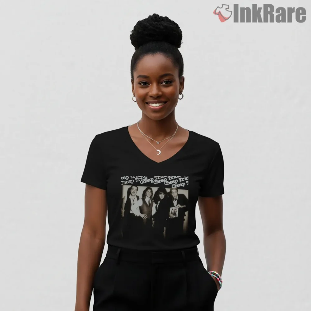 Cheap Trick Classic Black And White Band Shirt on black v-neck shirt for women graphic tee