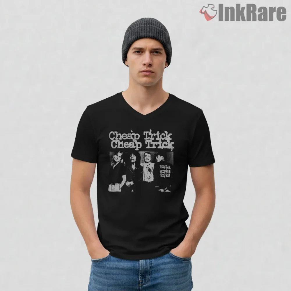 Cheap Trick Dark Vintage Portrait Fan Shirt on black v-neck shirt for men graphic tee