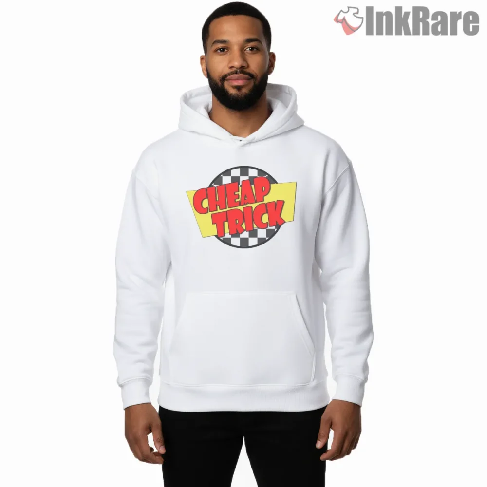 Cheap Trick Fast Times Retro Checker Logo Shirt on white hoodie for men graphic tee