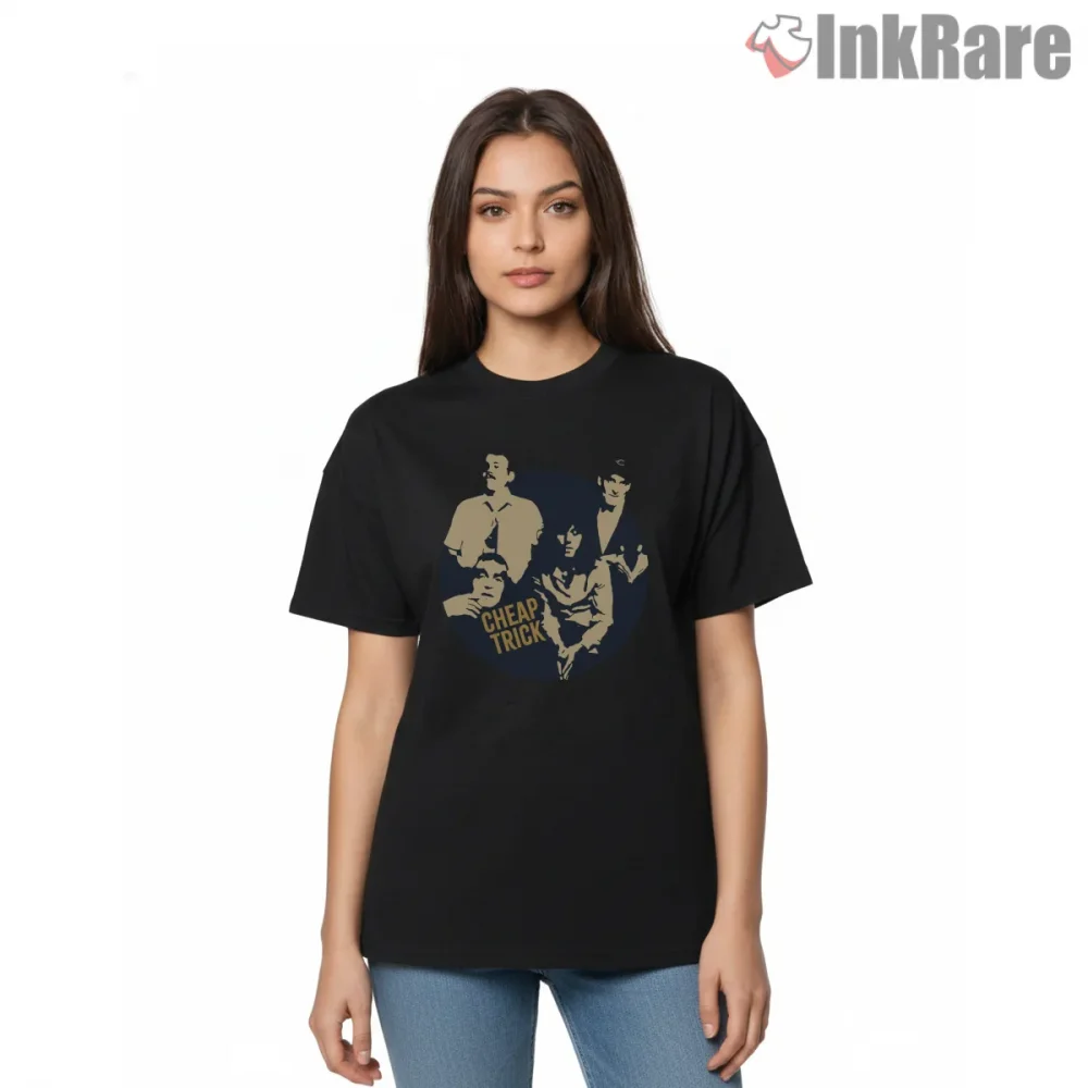 Cheap Trick Minimal Circle Band Art Shirt on black short sleeve shirt for women graphic tee