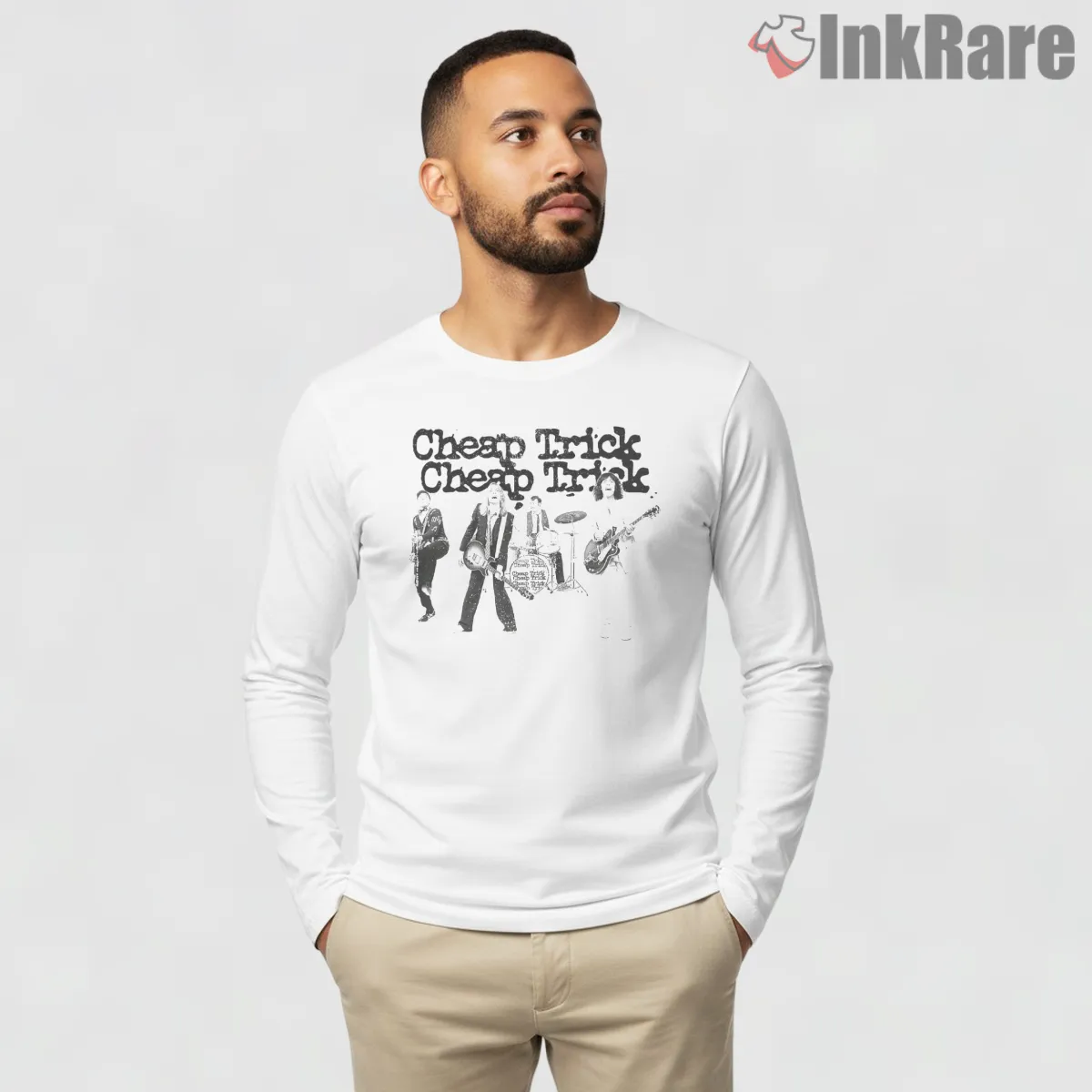 Cheap Trick Monochrome Live Band Shirt on white long sleeve shirt for men graphic tee