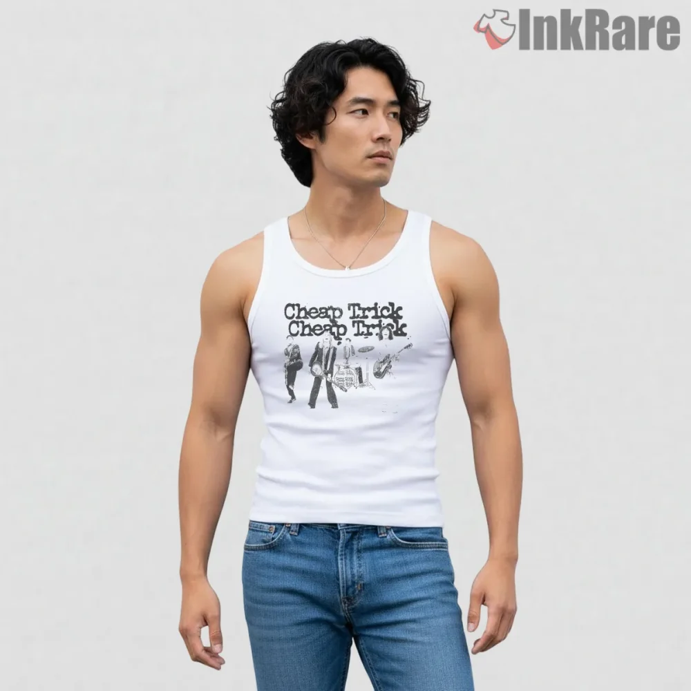 Cheap Trick Monochrome Live Band Shirt on white tank top for men graphic tee