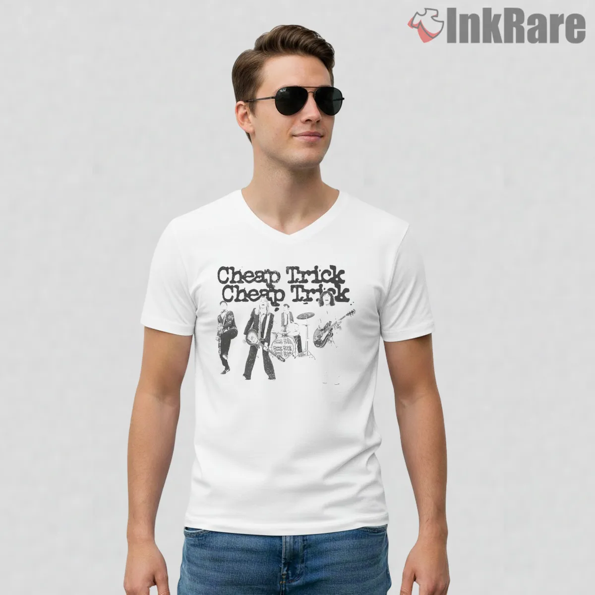 Cheap Trick Monochrome Live Band V Neck White Cheap Trick Monochrome Live Band Shirt on white v-neck shirt for men graphic tee