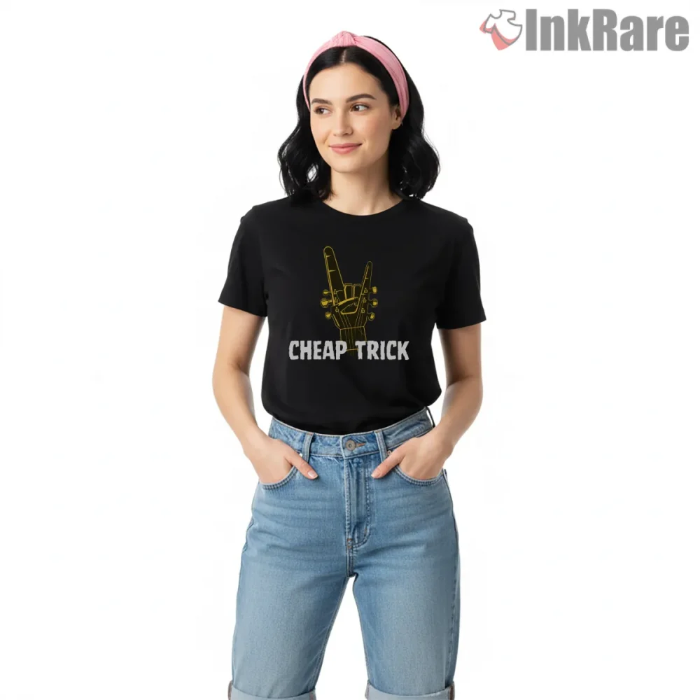 Cheap Trick Neon Hand Sign Guitar Shirt on black short sleeve shirt for women graphic tee