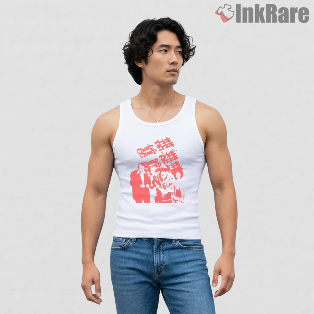 Cheap Trick Red Collage Typography Shirt on white tank top for men graphic tee