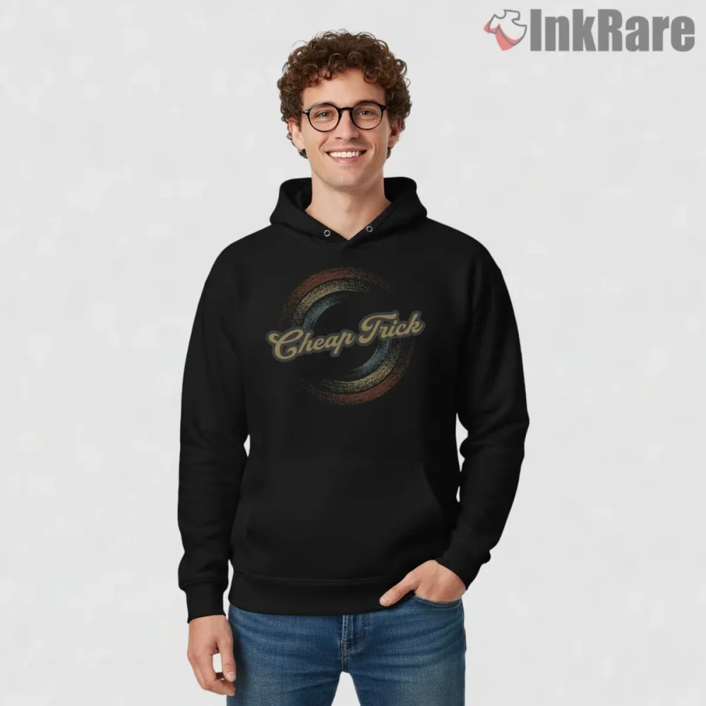 Cheap Trick Retro Circular Fade Logo Shirt on black hoodie for men graphic tee