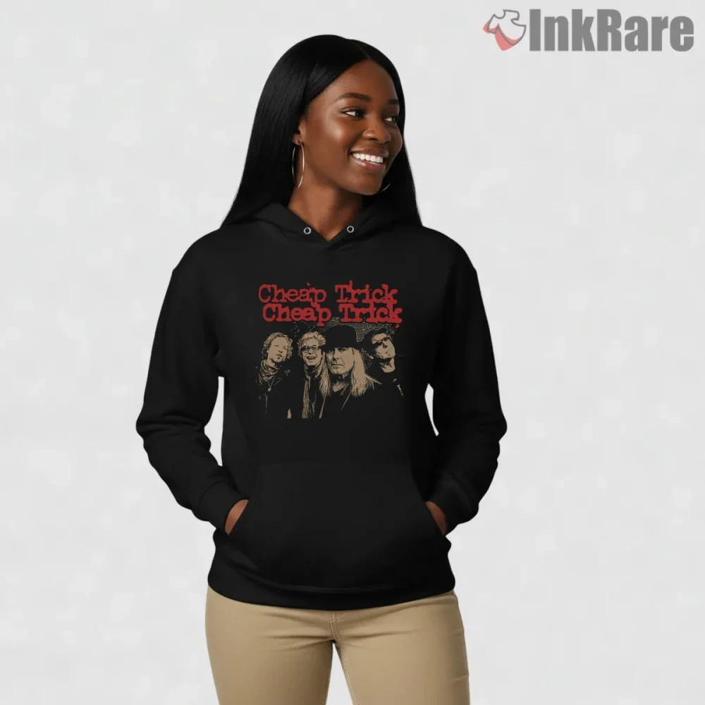 Cheap Trick Retro Comic Portrait Shirt on black hoodie for women graphic tee
