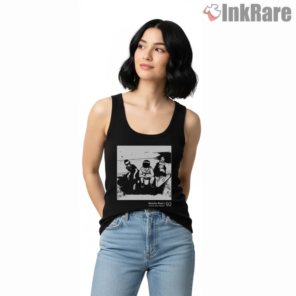 Check Your Head Minimalist Black And White Street Scene Shirt on black tank top for women graphic tee