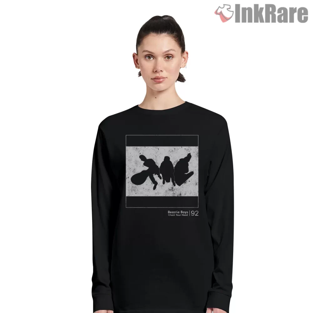 Check Your Head Silhouette Minimalist Beastie Boys Shirt on black long sleeve shirt for women graphic tee