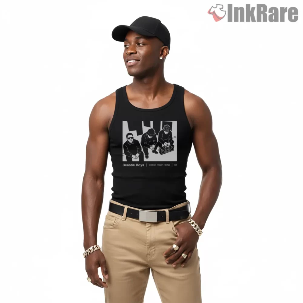 Check Your Head Stoops Session Minimalist Shirt on black tank top for men graphic tee