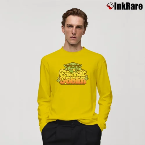 Cheddar Goblin Horror Movie Graphic Men’s Long-Sleeve Tee in yellow – Versatile Layering Men’s Cheddar Goblin Horror Movie Graphic Long-Sleeve Shirt in yellow | Sleek, Lightweight, Year-Round Wear