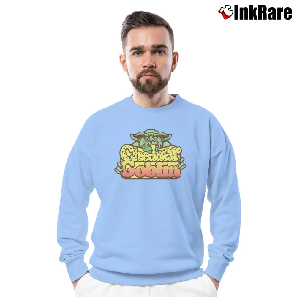 Men’s Cheddar Goblin Horror Movie Graphic Crewneck Sweatshirt in light blue | Cozy Fabric, Clean Style