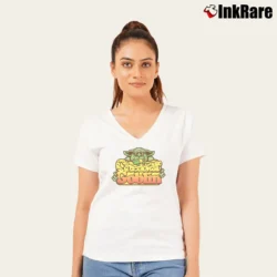 Women’s Cheddar Goblin Horror Movie Graphic V-Neck Tee in white | Chic Neckline, Soft Texture