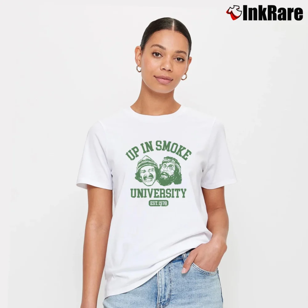 Women’s Cheech And Chong Up In Smoke University Signature T-Shirt in white | Soft, Flattering Fit