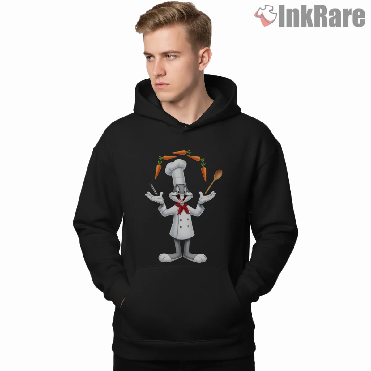 Chef Bugs Bunny Carrot Juggler Shirt on black hoodie for men graphic tee