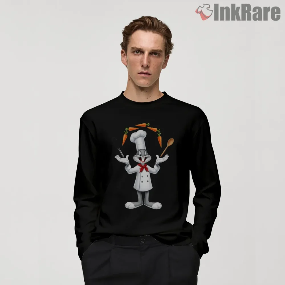 Chef Bugs Bunny Carrot Juggler Shirt on black long sleeve shirt for men graphic tee