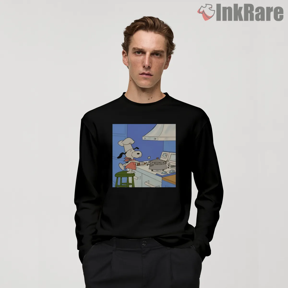 Chef Snoopy Makes Popcorn Kitchen Scene Shirt on black long sleeve shirt for men graphic tee