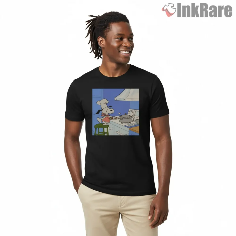 Chef Snoopy Makes Popcorn Kitchen Scene Shirt on black short sleeve shirt for men graphic tee