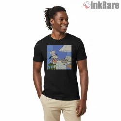 Chef Snoopy Makes Popcorn Kitchen Scene Shirt on black short sleeve shirt for men graphic tee