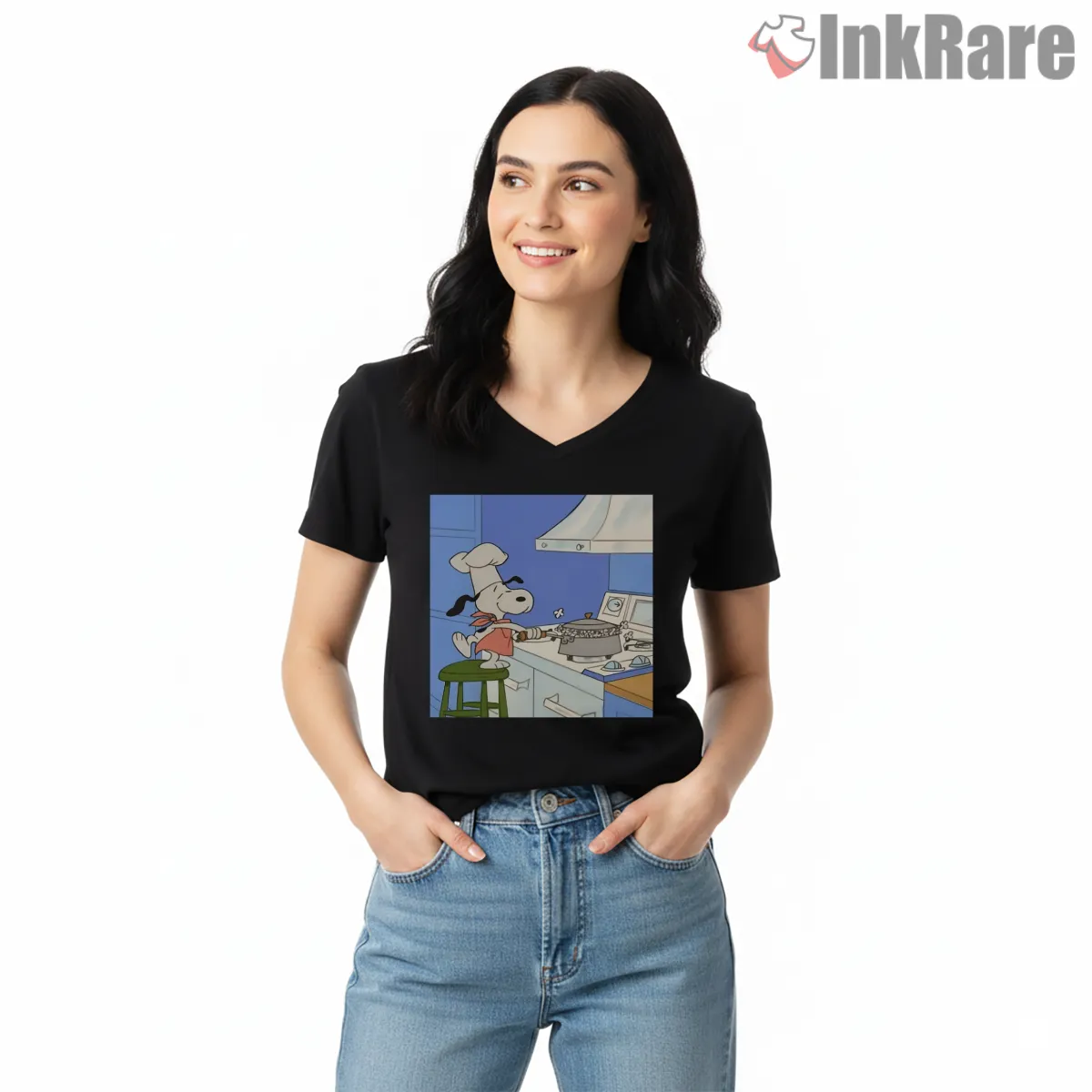 Chef Snoopy Makes Popcorn Kitchen Scene V Neck Black Chef Snoopy Makes Popcorn Kitchen Scene Shirt on black v-neck shirt for women graphic tee