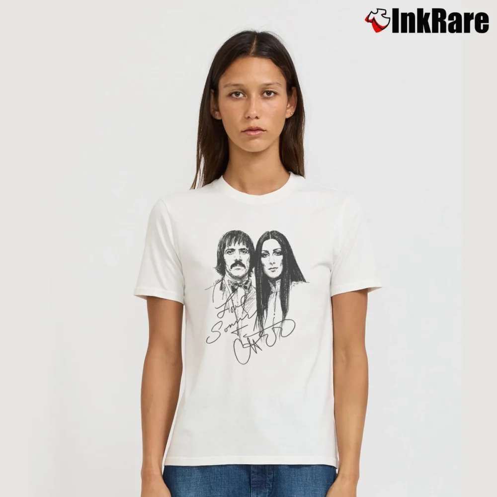 Women’s Cher and Sonny Bono Retro Signature T-Shirt in white | Soft, Flattering Fit