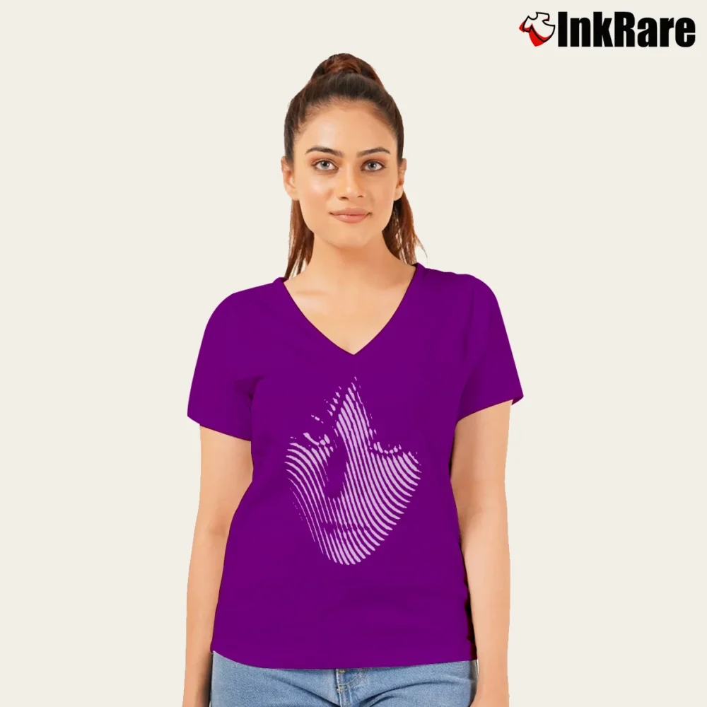 Women’s Cher Vertigo Face Black Graphic V-Neck Tee in purple | Chic Neckline, Soft Texture