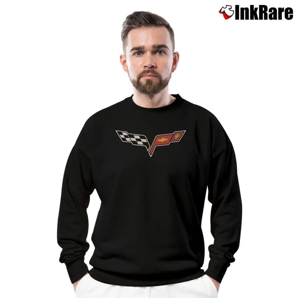 Men’s Chevrolet Corvette C6 Flag Logo Crewneck Sweatshirt in black | Cozy Fabric, Clean Style