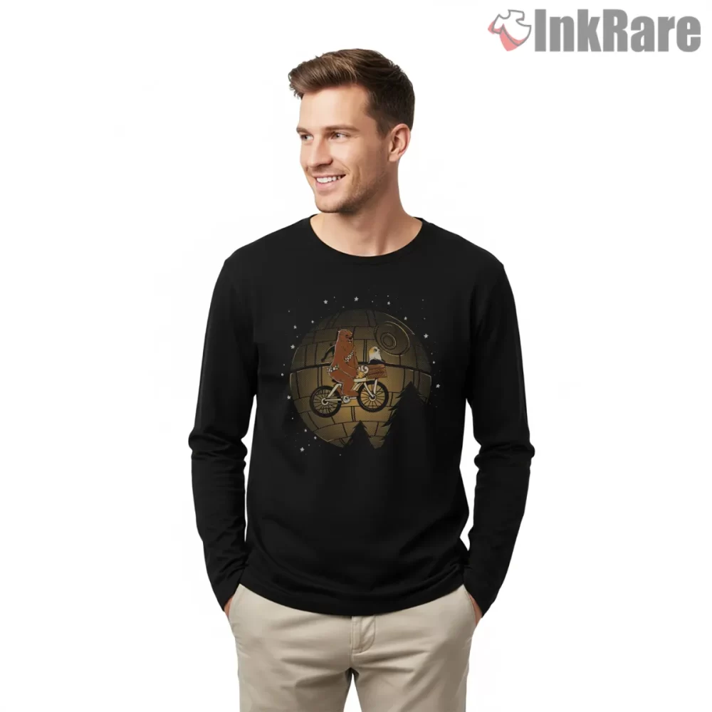 Chewbacca Adventure Scene Illustration Shirt on black long sleeve shirt for men graphic tee