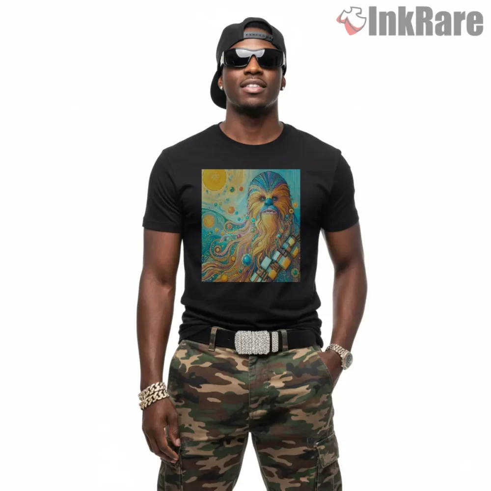 Chewbacca Psychedelic Portrait Art Shirt on black short sleeve shirt for men graphic tee