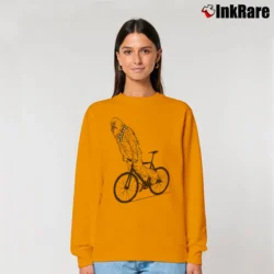 Women’s Chewbacca Riding A Bike Funny Relaxed Sweatshirt in orange | Soft, Laid-Back Vibe