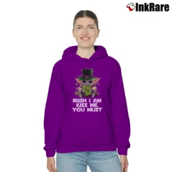 Women’s Chibi Baby Yoda St Patrick Day Irish I Am Kiss Me You Must Cozy Hoodie in purple | Warm, Structured, Stylish