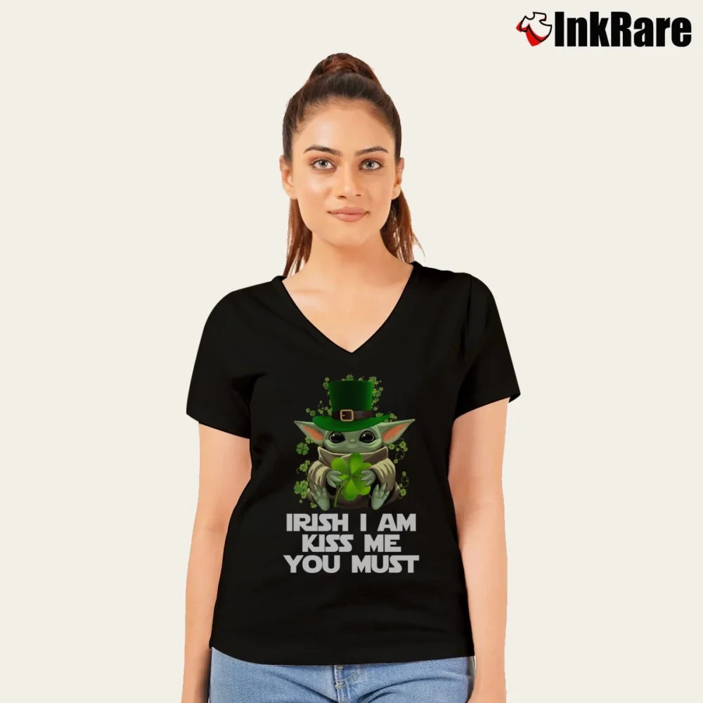 Women’s Chibi Baby Yoda St Patrick Day Irish I Am Kiss Me You Must V-Neck Tee in black | Chic Neckline, Soft Texture