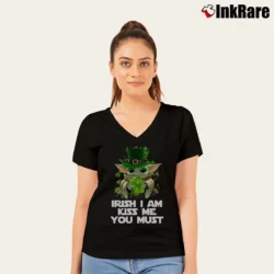 Women’s Chibi Baby Yoda St Patrick Day Irish I Am Kiss Me You Must V-Neck Tee in black | Chic Neckline, Soft Texture