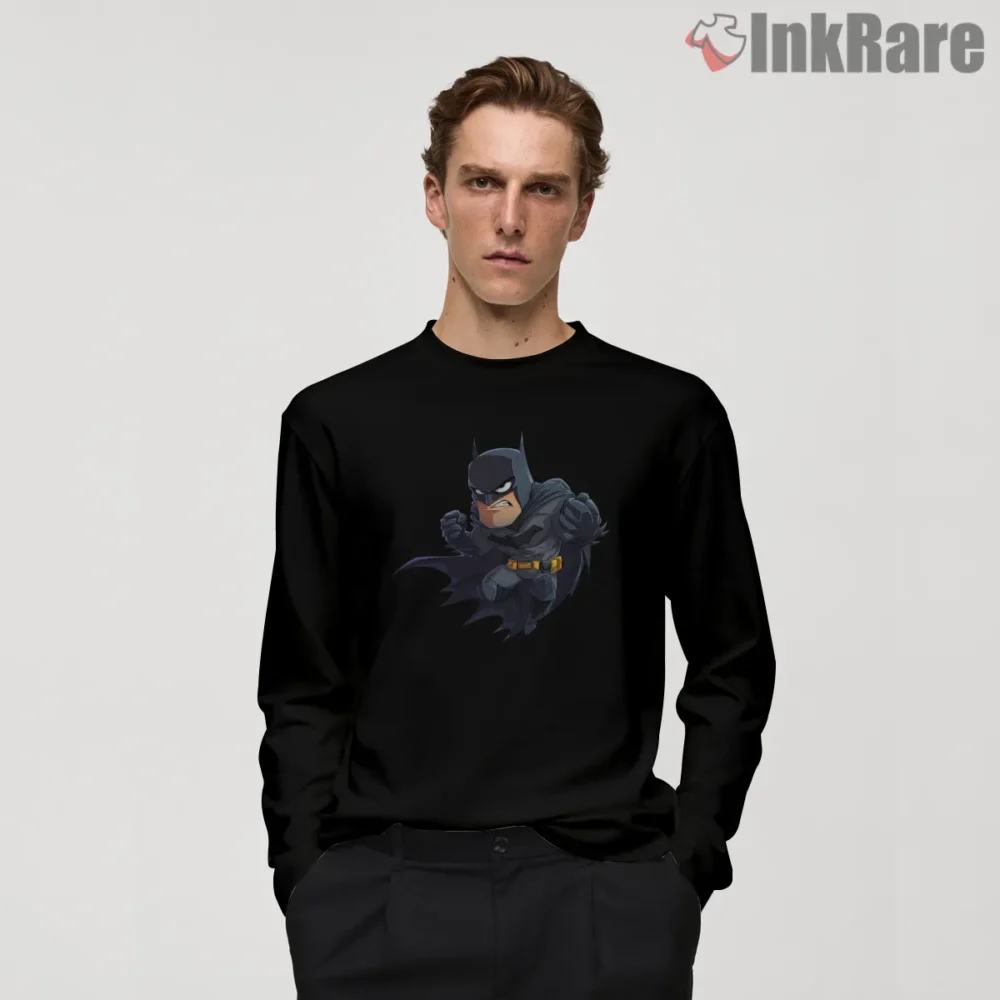 Chibi Charge Little Batman Cartoon Shirt on black long sleeve shirt for men graphic tee