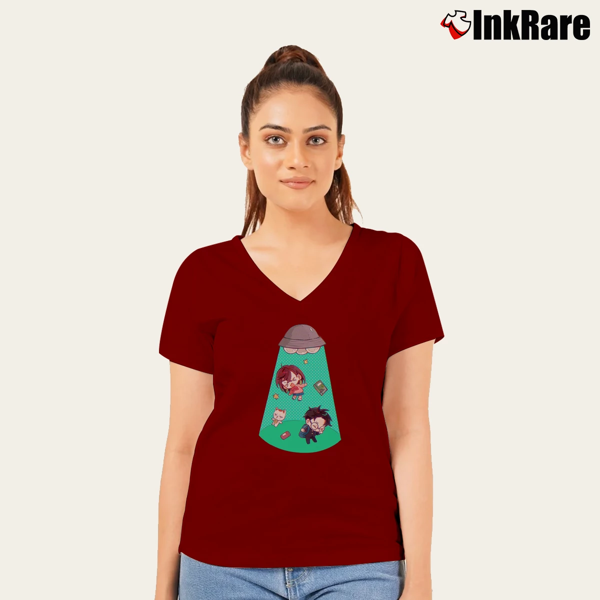 Women’s Chibi Dandadan Alien V-Neck Tee in maroon | Chic Neckline, Soft Texture