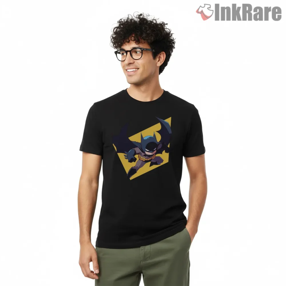 Chibi Gliding Caped Crusader Shirt on black short sleeve shirt for men graphic tee